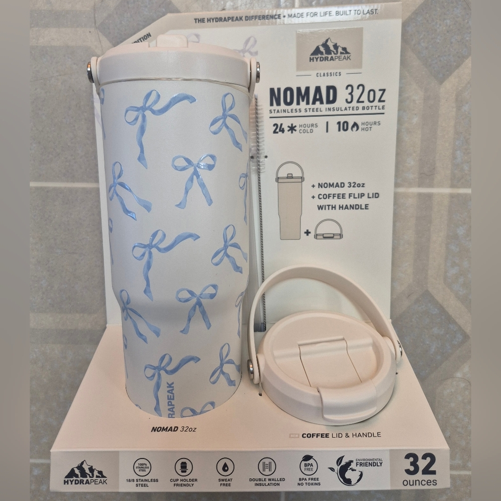 Hydrapeak Nomad 32oz Insulated Bottle - Cream White with Blue Bows